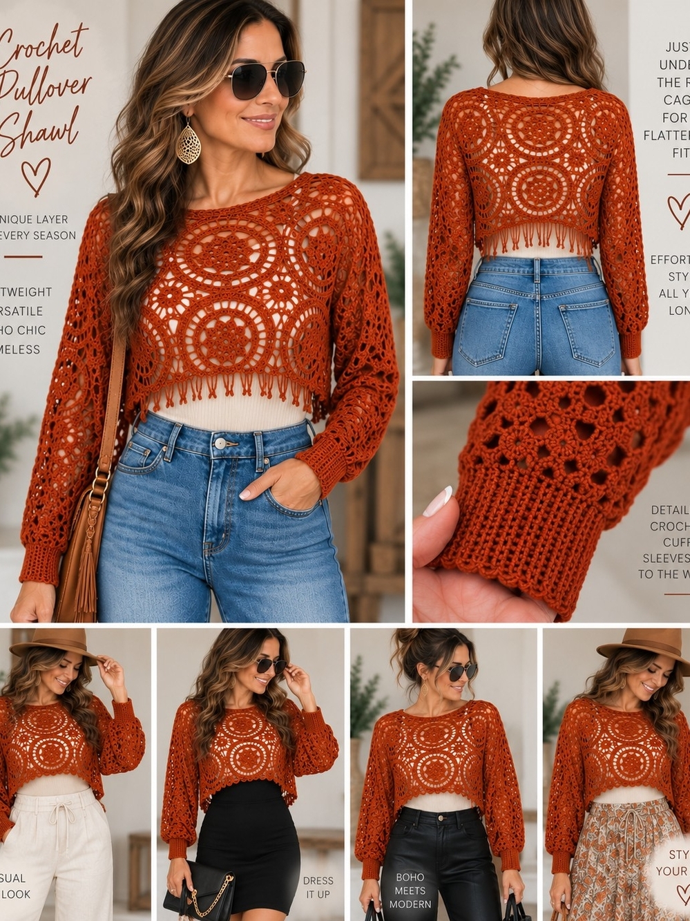 Crochet Pullover Shawl - Rust Orange Women's Crop Sweater (24)